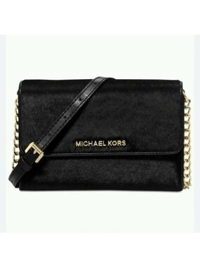 Michael Kors Crossbody Bag Black Calf Hair Jet Set Small Elegant Evening Purse